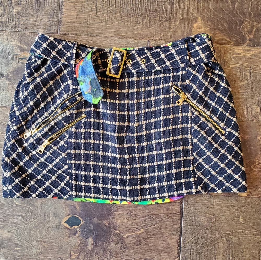 RACHEL Rachel Roy Belted Mini Skirt Size 10 SILK Y2K plaid zippers gold